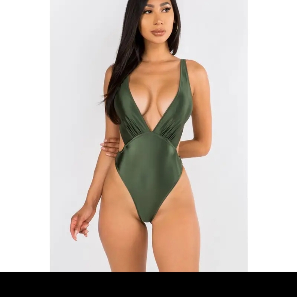 Deep V Olive Green One-Piece Swimsuit